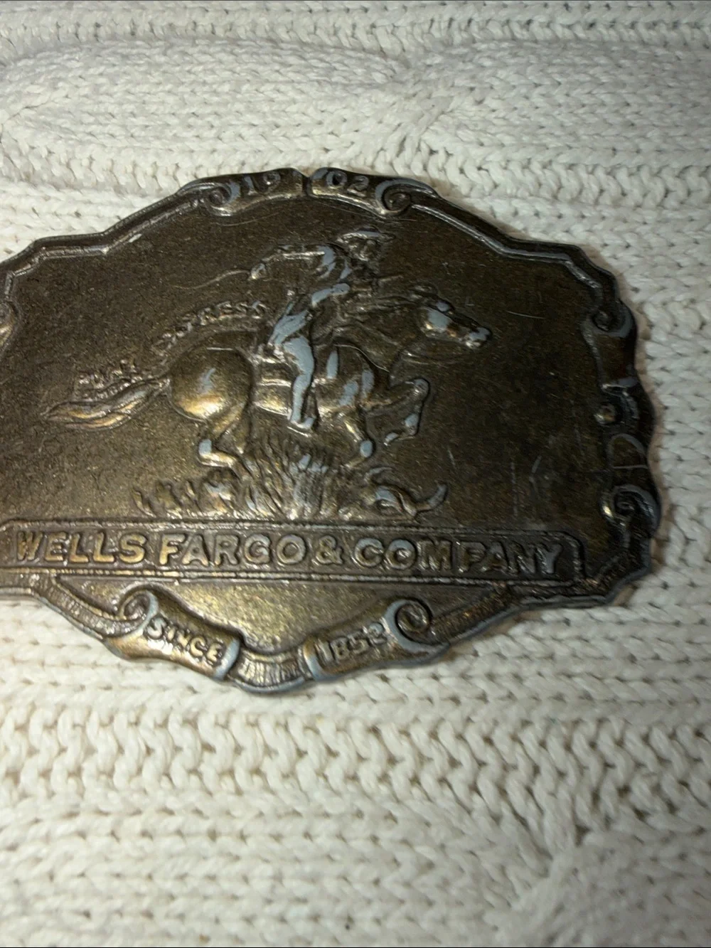 Wells Fargo Horse & Rider Decorative Belt Buckle - Antique Brass Finish